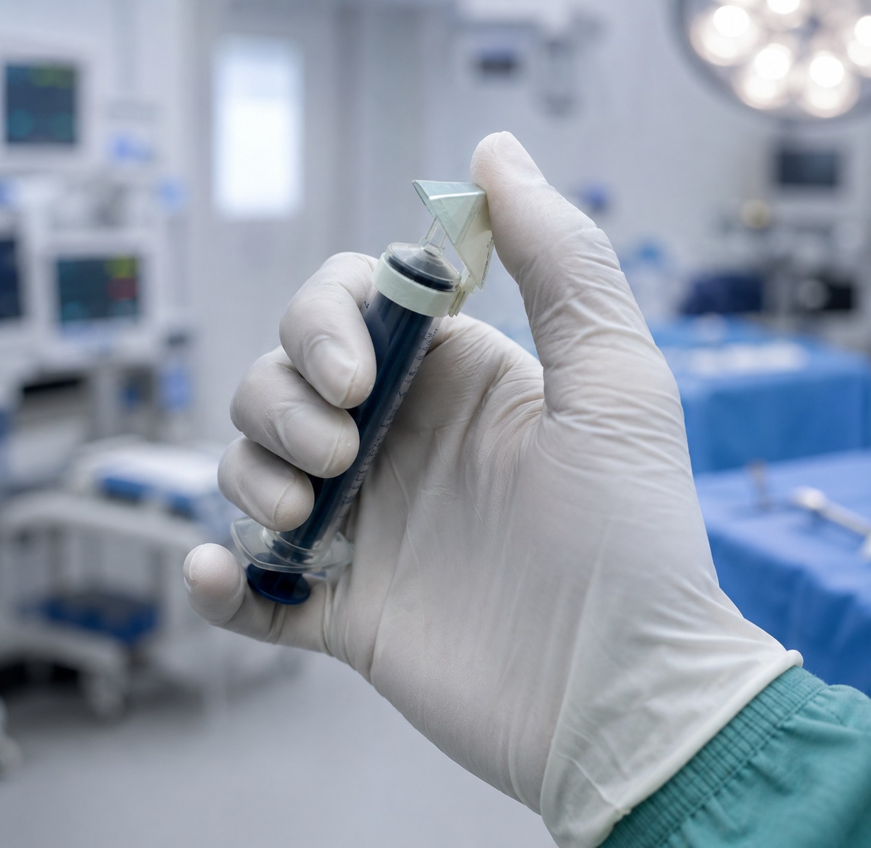Clinician holding the first hinged syringe-cap prototype in a realistic operating-room setting