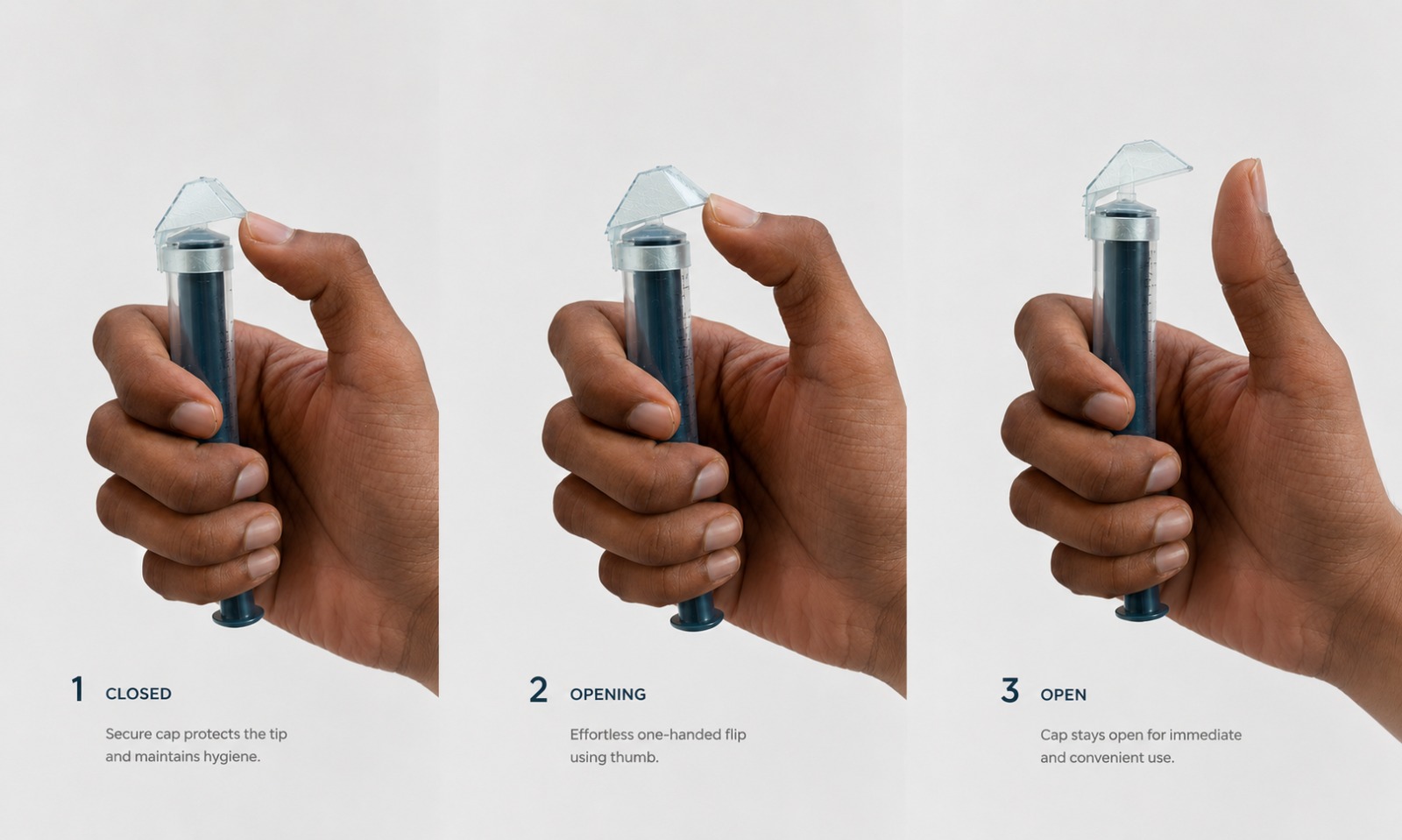 Three-step demonstration showing the hinged syringe cap closed, opening, and fully open