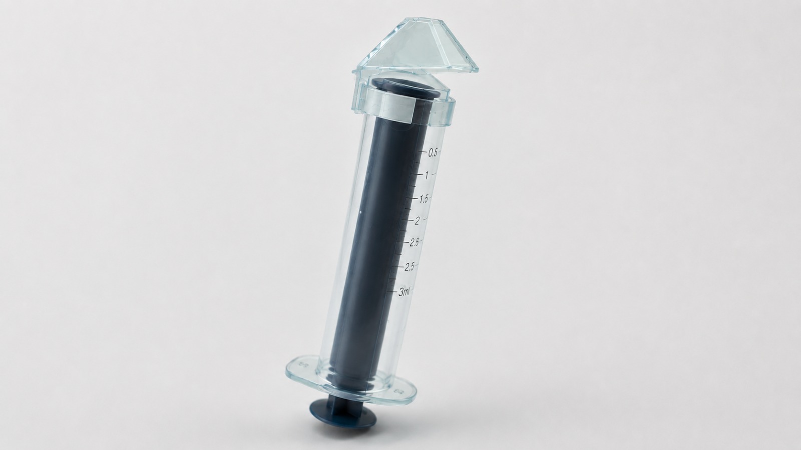 Close product view of the first syringe prototype with its integrated cap open