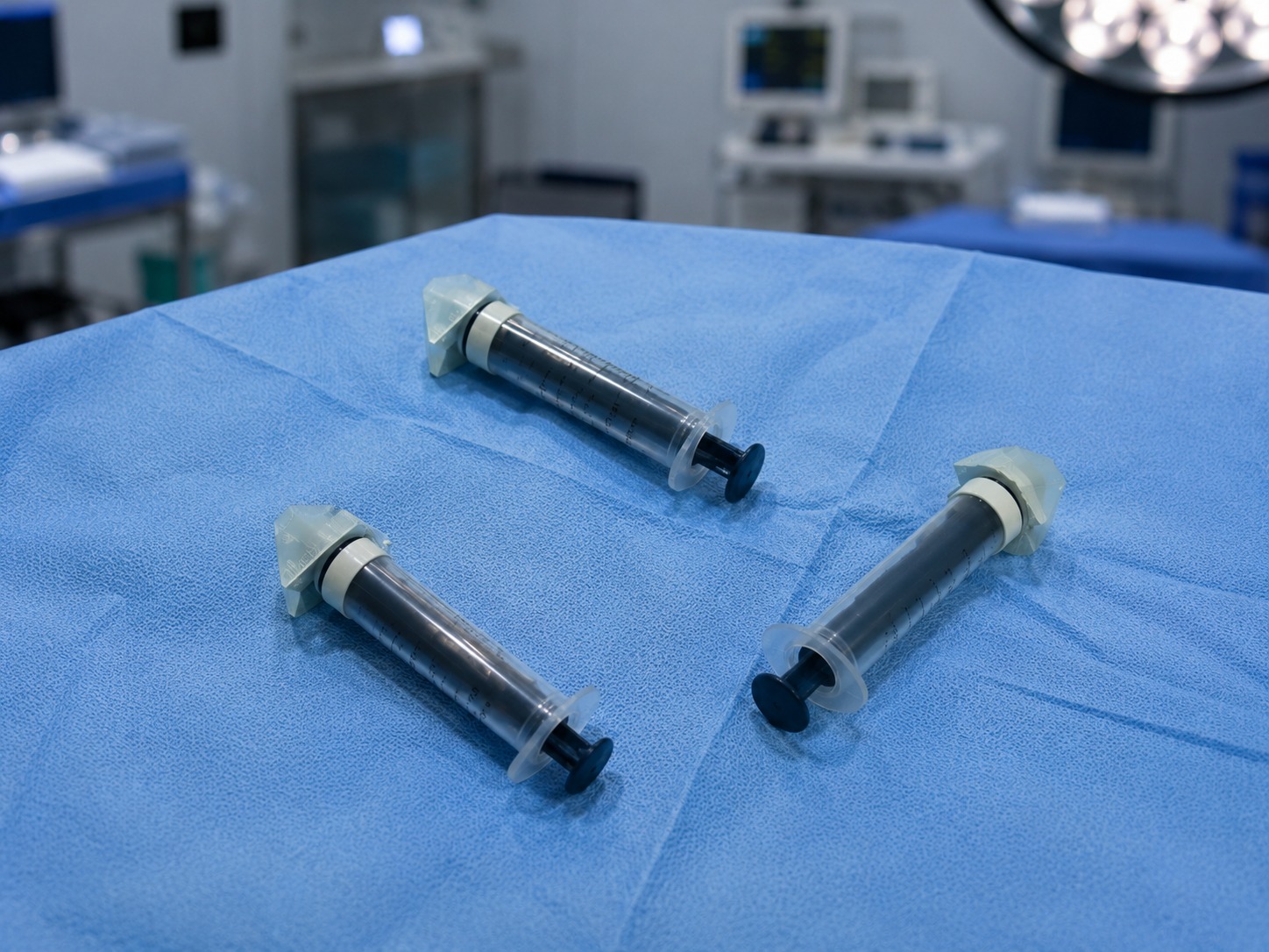 Three first-prototype syringes placed on a sterile blue clinical drape